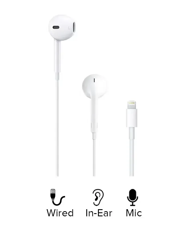 Apple EarPods with Lightning Connector in white, featuring an in-line remote and microphone