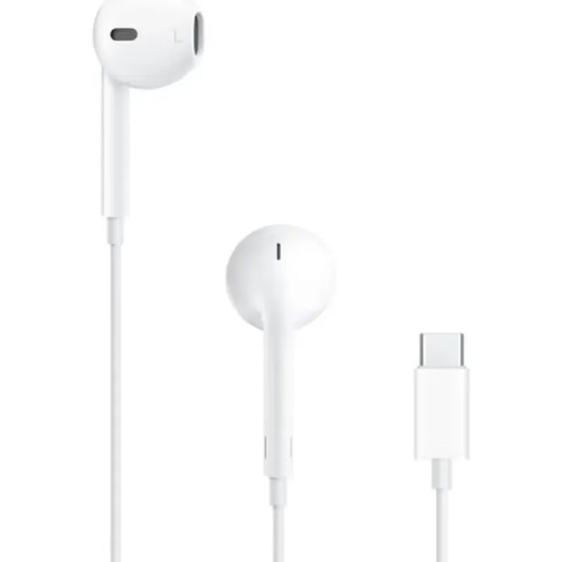 Apple EarPods with USB-C connector in white, featuring an in-line remote and microphone for iPhone 15 and 16