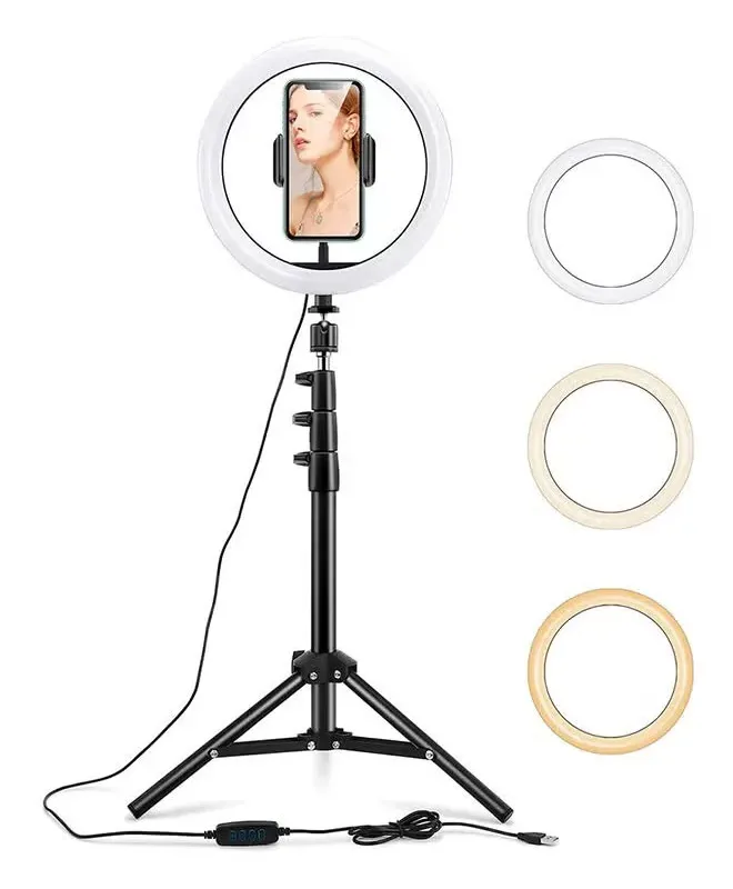 Professional 12-inch LED ring light with tripod and phone mount.