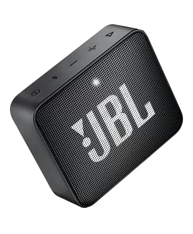 JBL GO 2 portable Bluetooth speaker in Midnight Black with a waterproof IPX7 rating