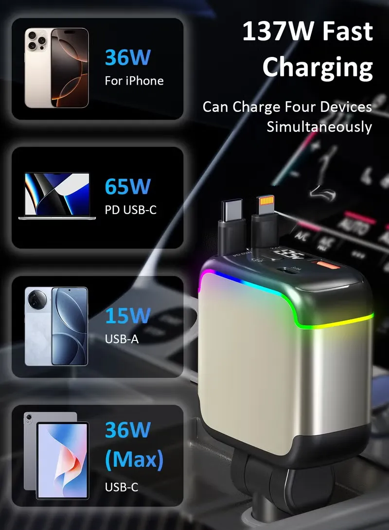 TONEOF retractable or compact car charger 90cm retractable cables with auto-rewind to prevent tangles