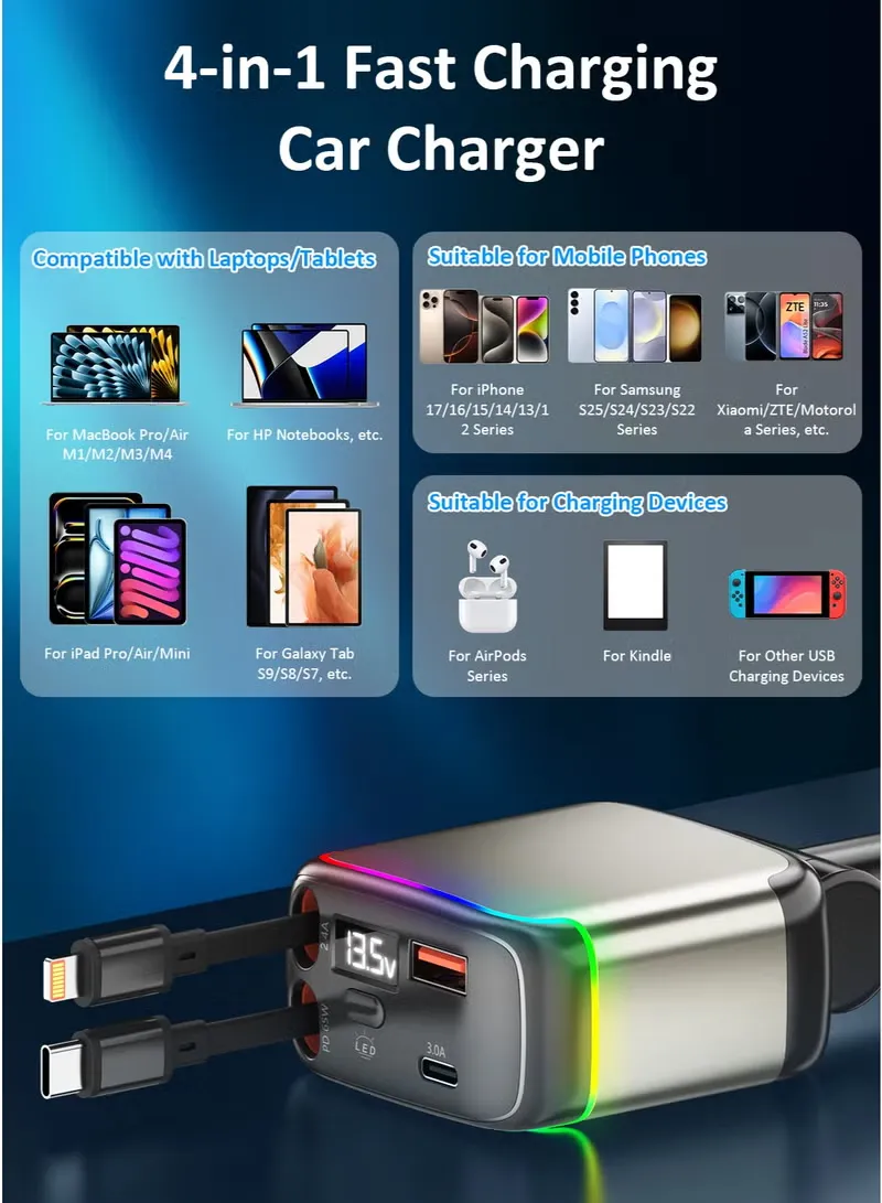 TONEOF retractable or compact car charger Powers 4 devices simultaneously