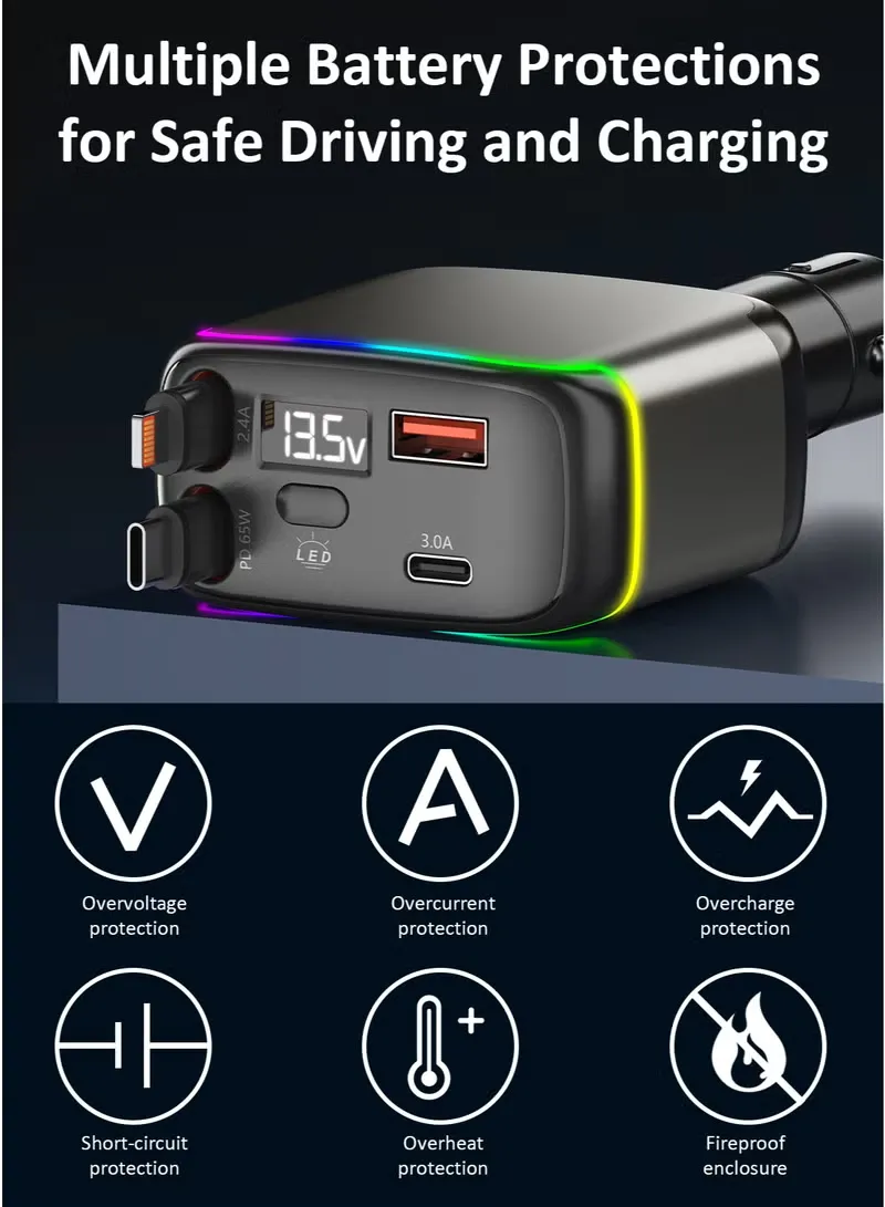 TONEOF retractable or compact car charger Integrated RGB light ring with memory function
